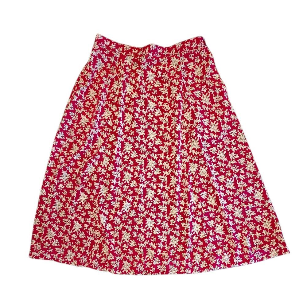 Vintage Leslie Fay Berry Red Micro Floral Midi Skirt Size 14 Pockets Pull On